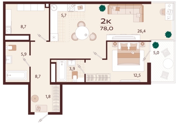 2-комнатная квартира №60 78 м2 от застройщика ГК ТОЧНО