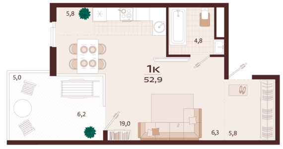 1-комнатная квартира №63 52,9 м2 от застройщика ГК ТОЧНО