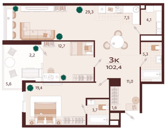 3-комнатная квартира №65 102,3 м2 от застройщика ГК ТОЧНО