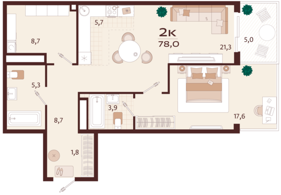 2-комнатная квартира №66 78 м2 от застройщика ГК ТОЧНО