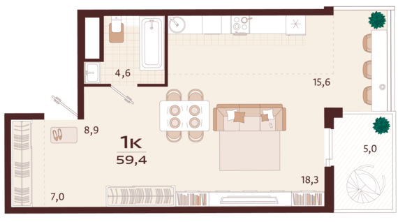 1-комнатная квартира №68 59,4 м2 от застройщика ГК ТОЧНО