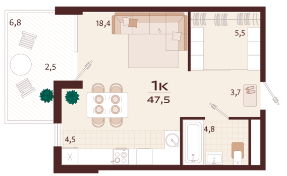 1-комнатная квартира №70 47,5 м2 от застройщика ГК ТОЧНО