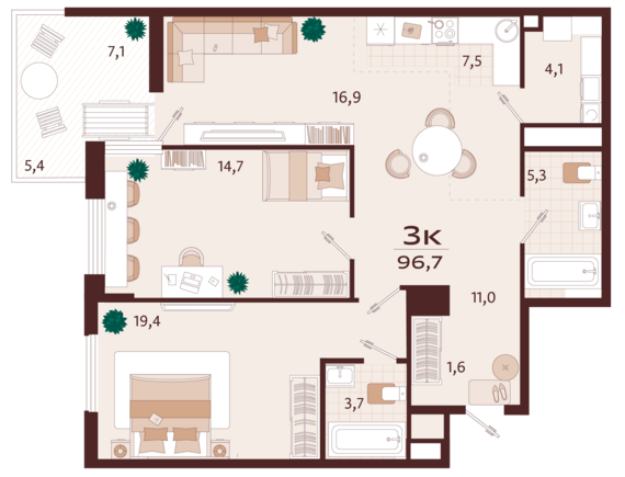 3-комнатная квартира №71 96,7 м2 от застройщика ГК ТОЧНО