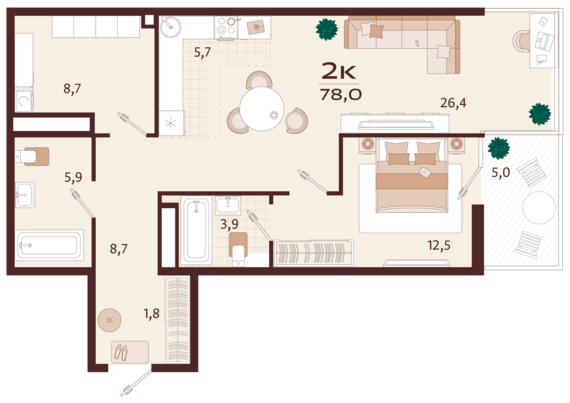 2-комнатная квартира №72 78 м2 от застройщика ГК ТОЧНО