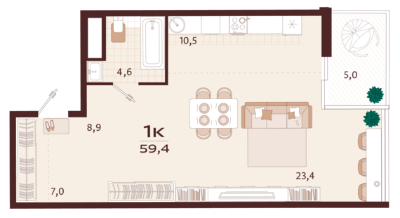 1-комнатная квартира №74 59,4 м2 от застройщика ГК ТОЧНО