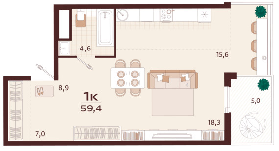 1-комнатная квартира №80 59,4 м2 от застройщика ГК ТОЧНО