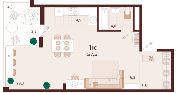 1-комнатная квартира №81 57,5 м2 от застройщика ГК ТОЧНО