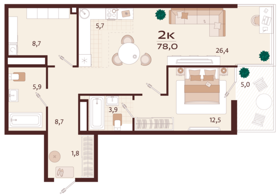 2-комнатная квартира №84 78 м2 от застройщика ГК ТОЧНО