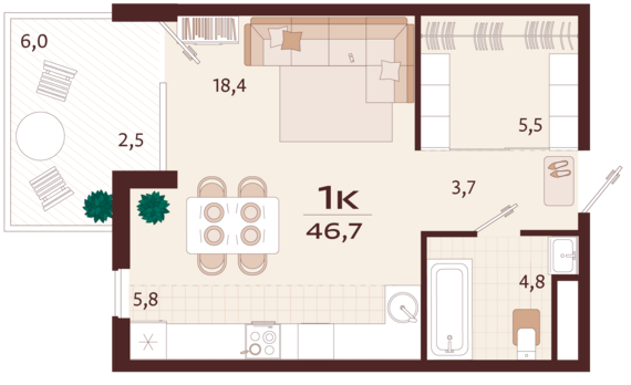 1-комнатная квартира №88 46,7 м2 от застройщика ГК ТОЧНО