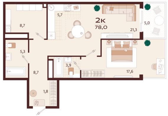 2-комнатная квартира №90 78 м2 от застройщика ГК ТОЧНО