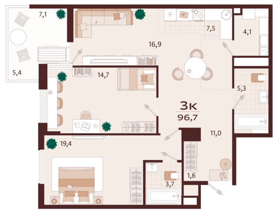 3-комнатная квартира №95 96,7 м2 от застройщика ГК ТОЧНО