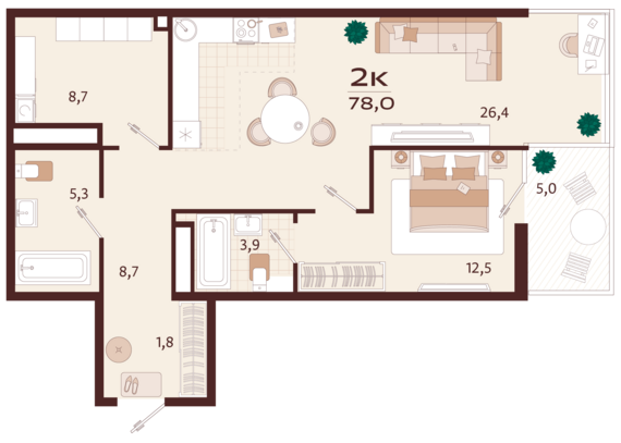 2-комнатная квартира №96 78 м2 от застройщика ГК ТОЧНО