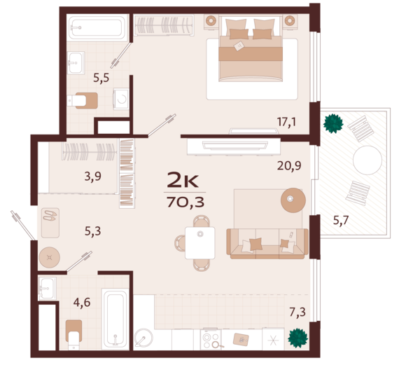 2-комнатная квартира №97 70,3 м2 от застройщика ГК ТОЧНО