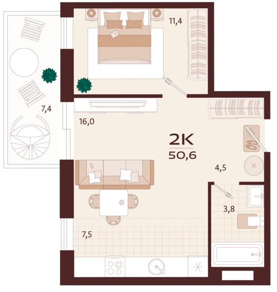 2-комнатная квартира №106 50,6 м2 от застройщика ГК ТОЧНО