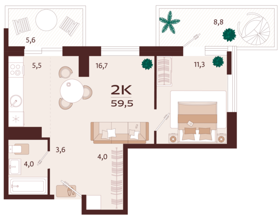 2-комнатная квартира №108 59,5 м2 от застройщика ГК ТОЧНО