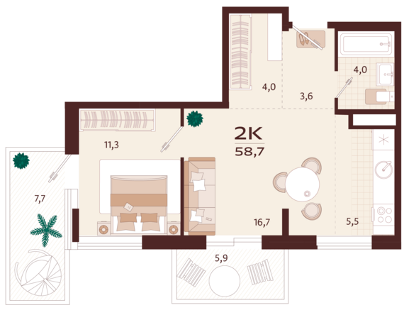 2-комнатная квартира №11 58,7 м2 от застройщика ГК ТОЧНО