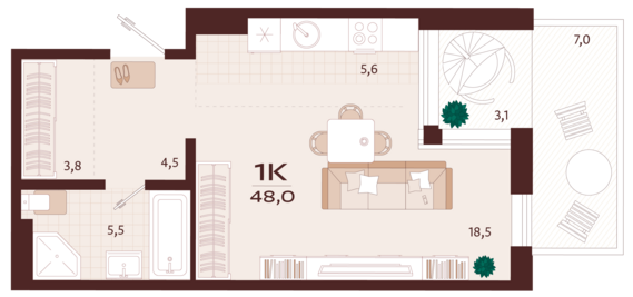 1-комнатная квартира №110 48 м2 от застройщика ГК ТОЧНО