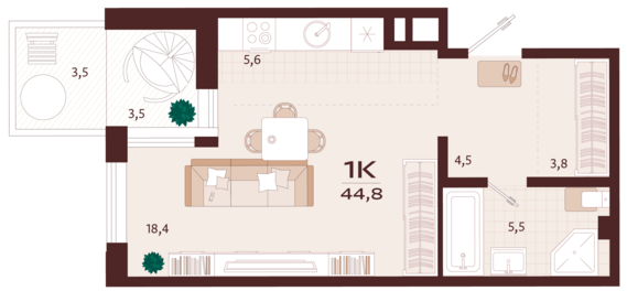 1-комнатная квартира №113 44,8 м2 от застройщика ГК ТОЧНО