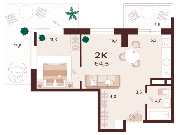 2-комнатная квартира №115 64,5 м2 от застройщика ГК ТОЧНО