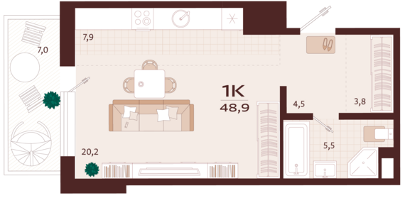 1-комнатная квартира №121 48,9 м2 от застройщика ГК ТОЧНО