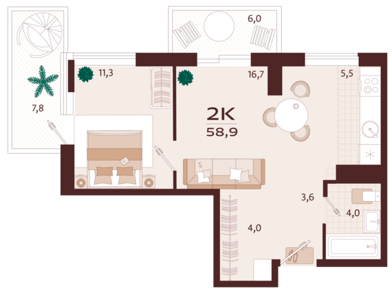 2-комнатная квартира №123 58,9 м2 от застройщика ГК ТОЧНО