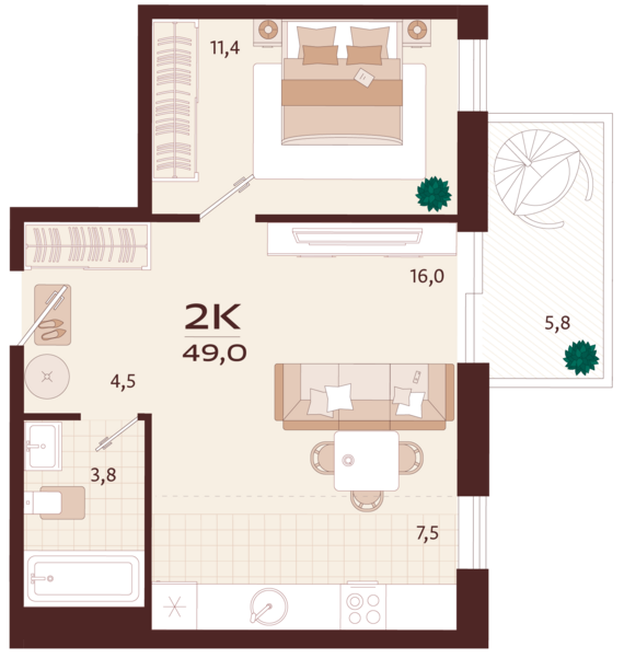 2-комнатная квартира №125 49 м2 от застройщика ГК ТОЧНО