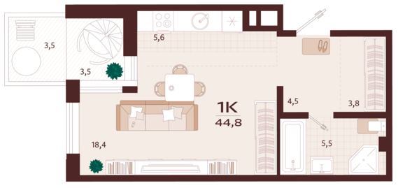 1-комнатная квартира №129 44,8 м2 от застройщика ГК ТОЧНО