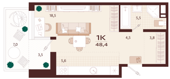 1-комнатная квартира №13 48,4 м2 от застройщика ГК ТОЧНО