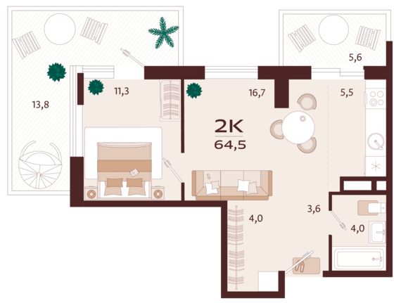 2-комнатная квартира №131 64,5 м2 от застройщика ГК ТОЧНО