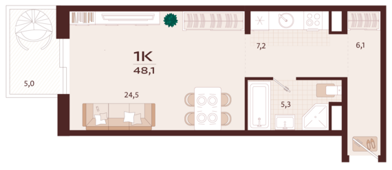 1-комнатная квартира №14 48,1 м2 от застройщика ГК ТОЧНО