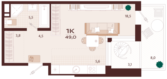 1-комнатная квартира №16 49 м2 от застройщика ГК ТОЧНО