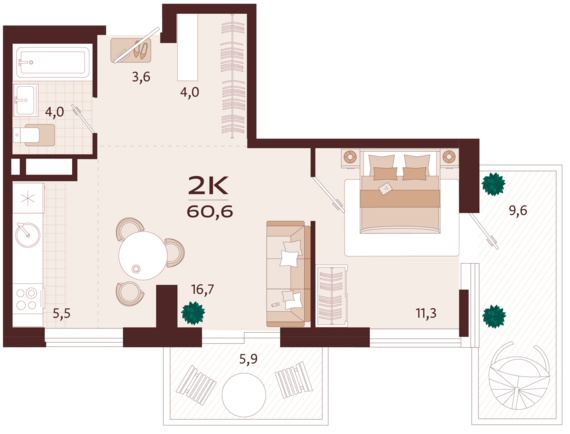 2-комнатная квартира №18 60,6 м2 от застройщика ГК ТОЧНО