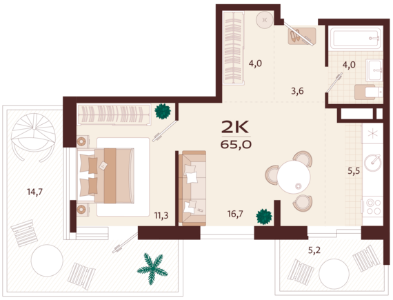 2-комнатная квартира №19 65 м2 от застройщика ГК ТОЧНО