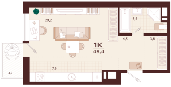 1-комнатная квартира №21 45,4 м2 от застройщика ГК ТОЧНО