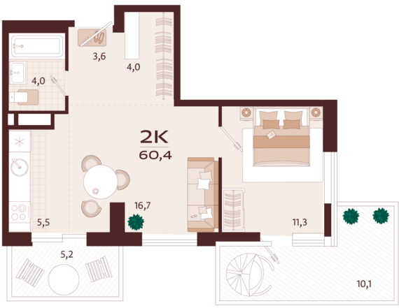 2-комнатная квартира №26 60,4 м2 от застройщика ГК ТОЧНО