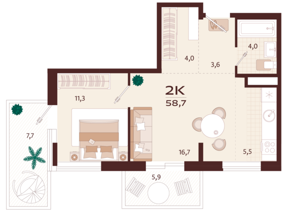 2-комнатная квартира №27 58,7 м2 от застройщика ГК ТОЧНО