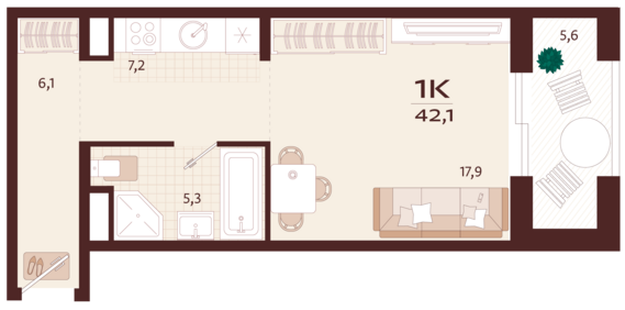 1-комнатная квартира №31 42,1 м2 от застройщика ГК ТОЧНО