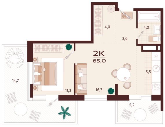 2-комнатная квартира №35 65 м2 от застройщика ГК ТОЧНО