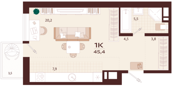 1-комнатная квартира №37 45,4 м2 от застройщика ГК ТОЧНО