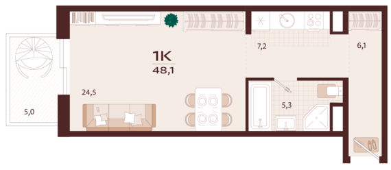 1-комнатная квартира №38 48,1 м2 от застройщика ГК ТОЧНО