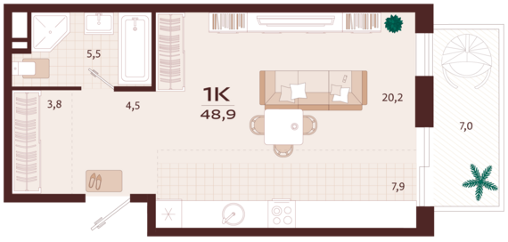 1-комнатная квартира №40 48,9 м2 от застройщика ГК ТОЧНО