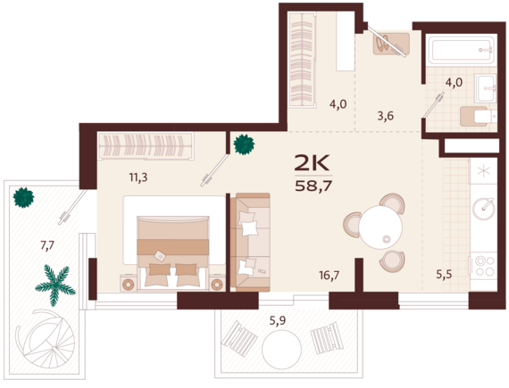 2-комнатная квартира №43 58,7 м2 от застройщика ГК ТОЧНО