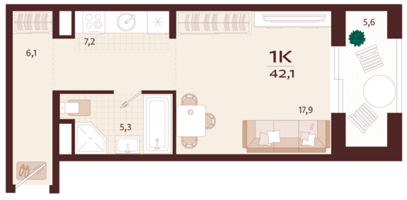 1-комнатная квартира №47 42,1 м2 от застройщика ГК ТОЧНО