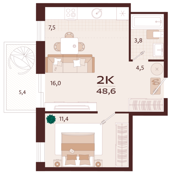 1-комнатная квартира №52 48,6 м2 от застройщика ГК ТОЧНО