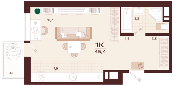 1-комнатная квартира №53 45,4 м2 от застройщика ГК ТОЧНО