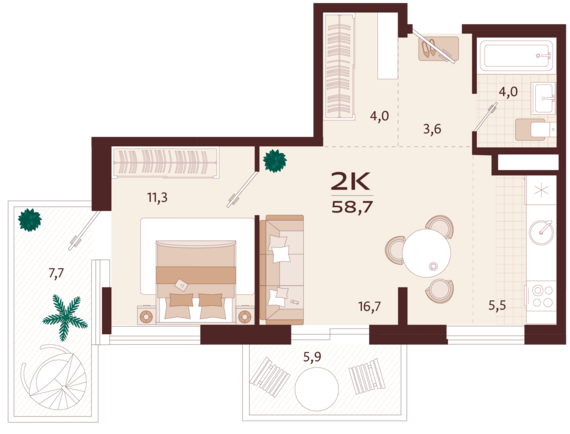 2-комнатная квартира №59 58,7 м2 от застройщика ГК ТОЧНО