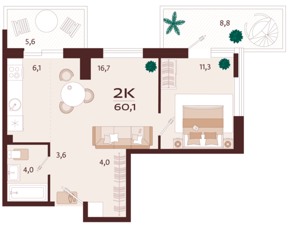 2-комнатная квартира №76 60,1 м2 от застройщика ГК ТОЧНО