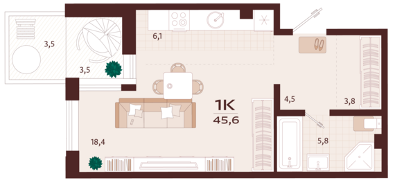 1-комнатная квартира №81 45,6 м2 от застройщика ГК ТОЧНО