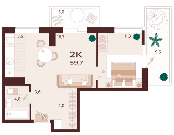 2-комнатная квартира №84 59,7 м2 от застройщика ГК ТОЧНО