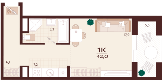 1-комнатная квартира №87 42 м2 от застройщика ГК ТОЧНО